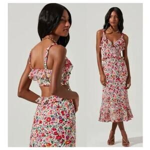 ASTR The Label Wildflower Chiffon Floral Midi Dress Pink Red Size Small Revolve